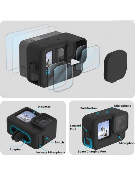 Set Funda para Gopro 12 + Tapas Lente + 3 Láminas Vidrio